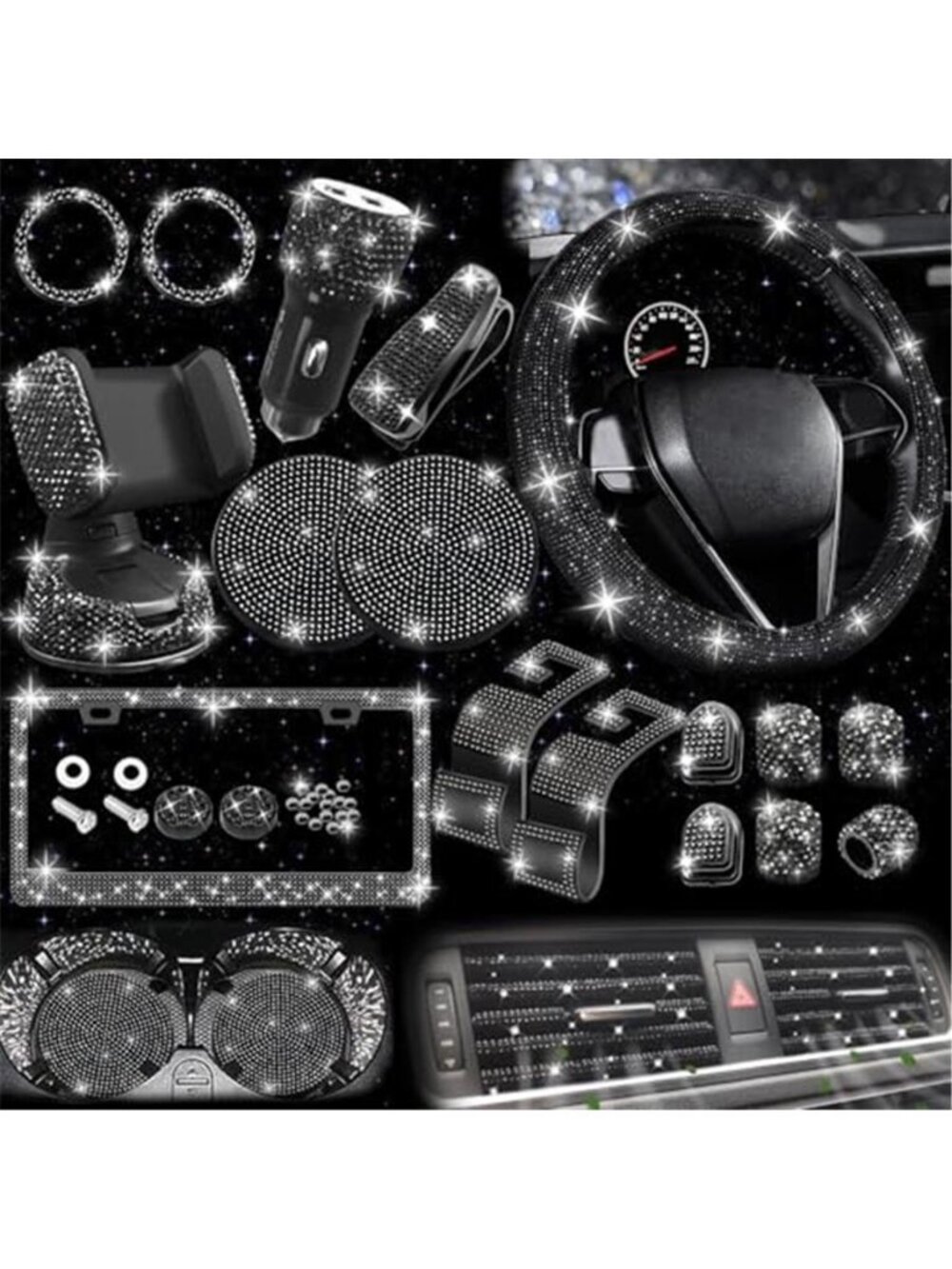 27 PCs Black Bling Car Accessories Set for Women, Steering Wheel Covers